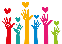Clip art image of 6 different coloured hands in air advertising volunteering